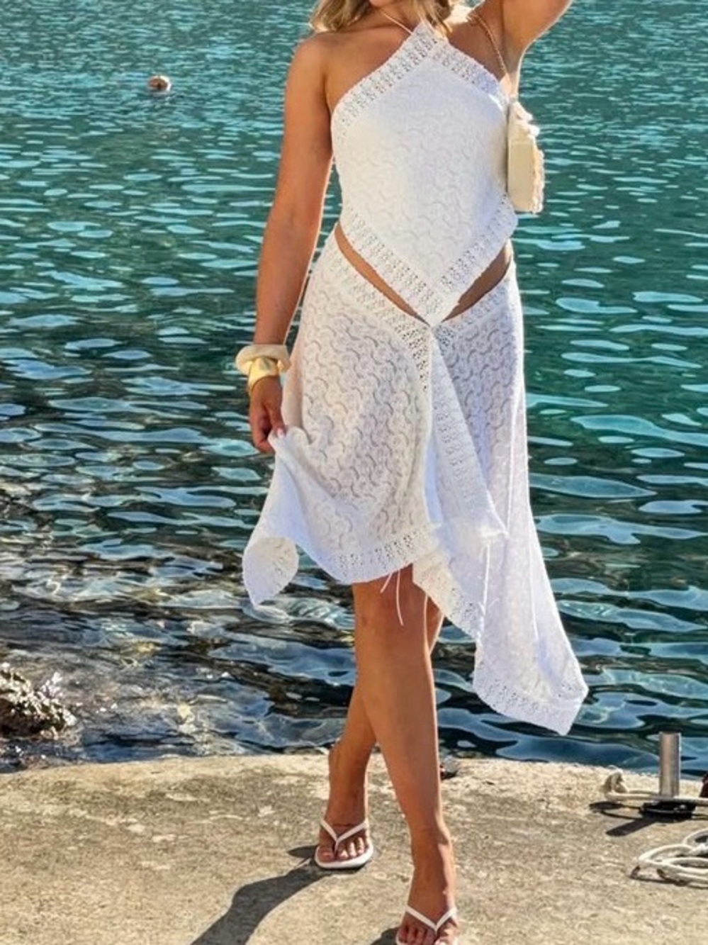 White Asymmetrical Lace Beach Dress - Women